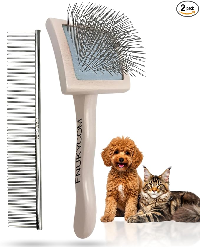 Grooming Dog Slicker Brush for Toy Poodle, Small Doodles & Maine Coon Cats - Best Dog Brush for Cockapoo Cavapoo Maltipoo and Pomeranian - Pet Slicker Brush & Comb Kit for Cats & small Great Pyrenees