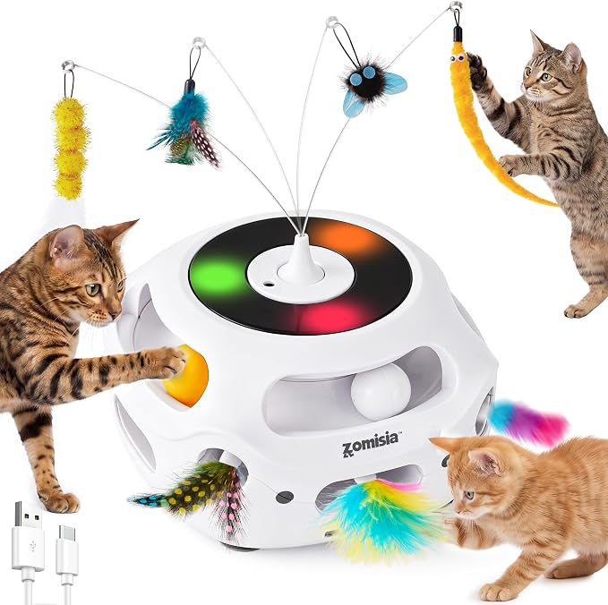 ZOMISIA 4 in 1 Automatic Interactive Cat Toy, Rechargeable Cat Toys for Indoor Cats with Fluttering Teasing Sticks, Trackballs, Shooting Feathers and Bird Chirping for Bored Indoor Adult Cats