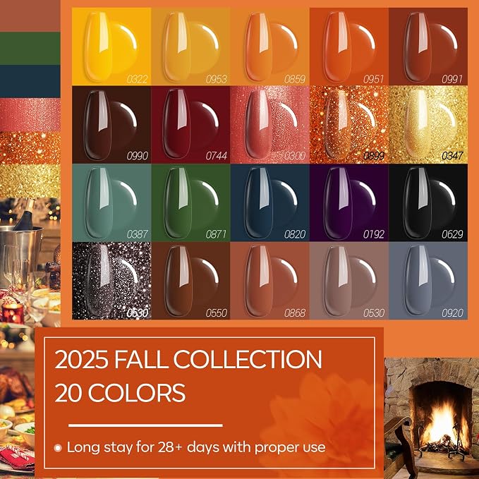 modelones 24PCS Fall Gel Nail Polish Kit, Red Brown Green Yellow Orange Gel Polish Set Soak Off Nail Polish Kit with Glitter, Glossy and Matte Top Base Coat DIY Manicure at Home