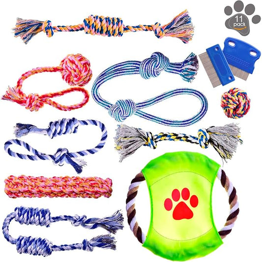 Pets&Goods Dog Grooming Combs & Rope Toy Bundle - Gentle Tear Stain Remover and 9-Pack Durable Chew Toys for Puppies & Small Dogs