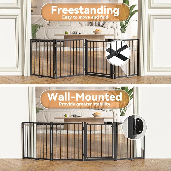 SNUOWU Full Metal Freestanding Dog Gate with Door, 24'' Height Foldable Pet Dog Fence for Indoor & Outdoor, 4 Panels Extra Wide Free Standing SmallDog Gates for Doorways,House,Stairs,Porch,Deck,Yard