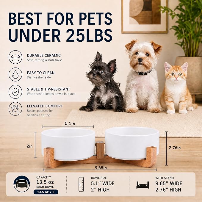 Petygooing Dog Bowls,White Ceramic Cat Dog Bowl Set with Wood Stand for Food and Water Feeder, Modern Pet Dish Set for Cats and Small Size Dogs Puppy (13.5OZ/5.1 in)