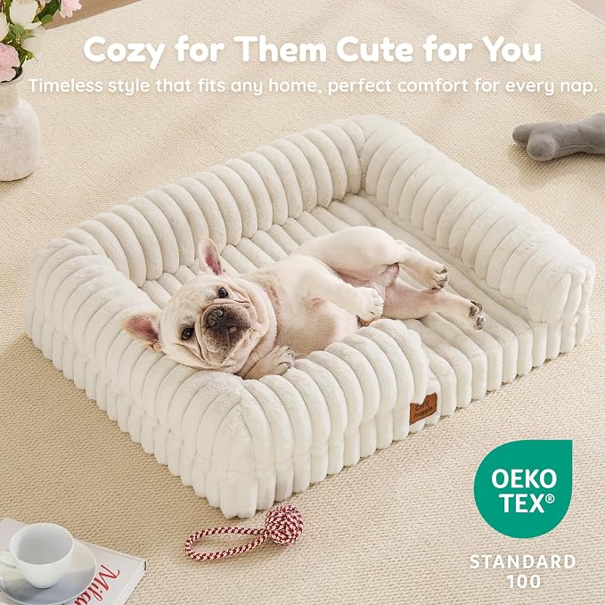 ChiXnuggle Rectangular Orthopedic Dog Bed for Medium Dogs, Waterproof Washable Faux Rabbit Fur Dog Couch with Egg Crate Foam Support, Bolster Pet Sofa with Non-Slip Bottom, 30x24x7, Cream