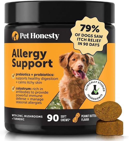 Dog Allergy Relief Immunity Chews - Paw Licking, Itching & Seasonal Allergies - With Colostrum, Probiotics, Turmeric & Salmon Oil - Vet Recommended Anti-Itch Supplement for Dogs (Peanut Butter, 90 Ct)