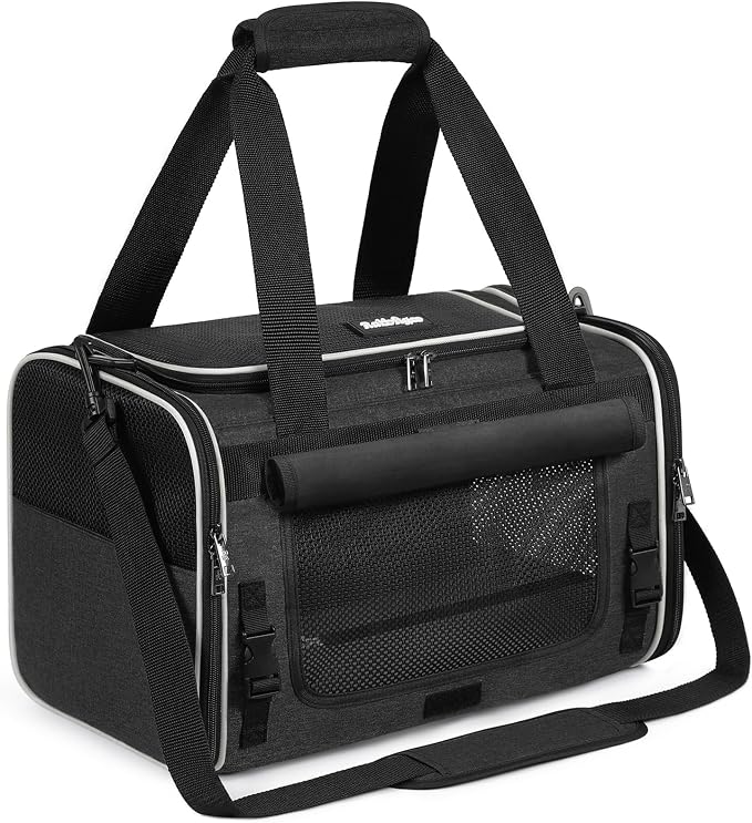 rabbitgoo Cat Carrier Soft, Pet Bag with Rollable Flap for Anxious Kittens, Travel Safe for Car Airline, Collapsible Portable Carrying for Medium to Large Cats, Black, 19" L x 12" W x 12" H