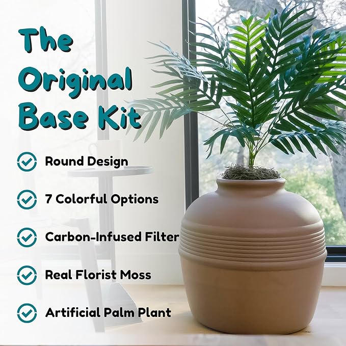 Good Pet Stuff Original Hidden Litter Box Planter, Decorative Cat Litter Enclosure, Carbon Filter, Faux Plant, Round Design, Easy To Clean, Base Kit, Palm Plant, Terracotta Brown