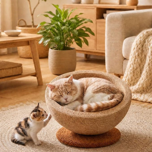 Novabright Sisal Cat Scratcher Bed with Solid Wood Base 15 x 15 x 7.87 Inch 2-in-1, Round Scratching Nest Lounge for Indoor Cats, Adjustable Tilt or Flat Installation, Jute Cat Scratching Bowl