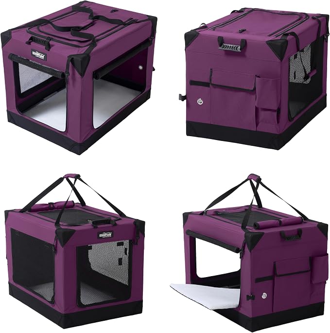 EliteField 4-Door Folding Soft Dog Crate (2-Year Warranty) with Aluminum Frame, Top Curtain, Carrying Bag, and Fleece Bed, Indoor & Outdoor Pet Home (36" L x 25" W x 26" H, Purple)