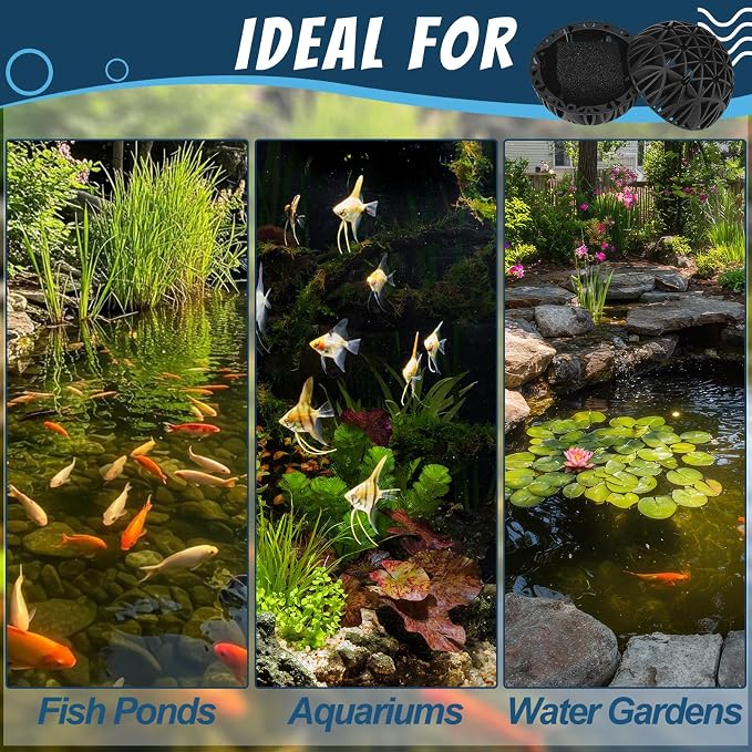 VIHOSE 50 Count 3 Inch Black Large Bio Balls Media Filter Durable Fish Pond Filter Media with Sponge Biological Filtration Mediums for Pond Aquarium Fish Tanks Filters with 12" x 16" Mesh Bag