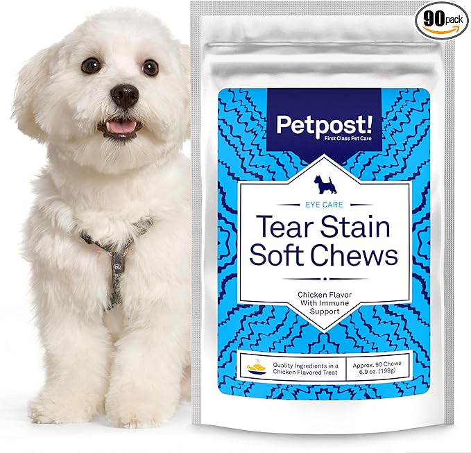 Petpost Tear Stain Remover Soft Chews for Dogs | 90 Count Chicken Flavor Dog Tear Stain Support Supplement | Gentle Eye Care for White Dogs & Light Breeds | Tylosin Free, Made in USA