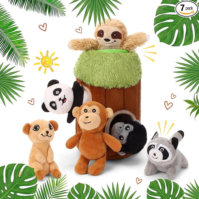 Skylety 7 Pieces Hide and Seek Dog Toys Activity Puppy Chew Squeaky Toys Plush Stuffing Woodland Stuffing with Squeakers for Small Medium Pets Dogs Puppy Gift(Funny,Small)
