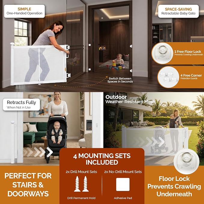Retractable Baby Gate - 72" Wide Mesh Dog Gate with Support Rods - 34" Tall for Stairs, Doorways, Hallways - Drill or No-Drill - Pet & Cat Gate - Outdoor/Indoor (White, 5.91 Feet)