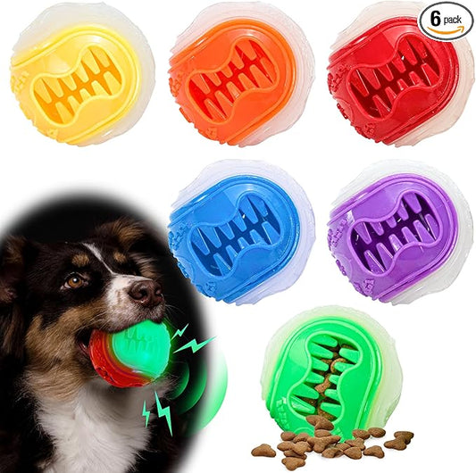 LECHONG 6-Pack Dog Treat Balls, 3-in-1 Glow in the Dark Squeaky Treat Dispenser Ball Toys for Dog, Interactive Durable Rubber Teething Fetch Ball for Small Medium Dogs to Keep Them Busy 2.5in