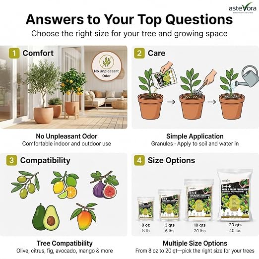 Olive Tree Fertilizer – Fruit Tree Fertilizer for Olive Tree, Citrus, Lemon, Lime, Fig, Avocado, Mango, Apple & Pomegranate – for Potted & Outdoor Trees (3 quarts - 6 lbs.)