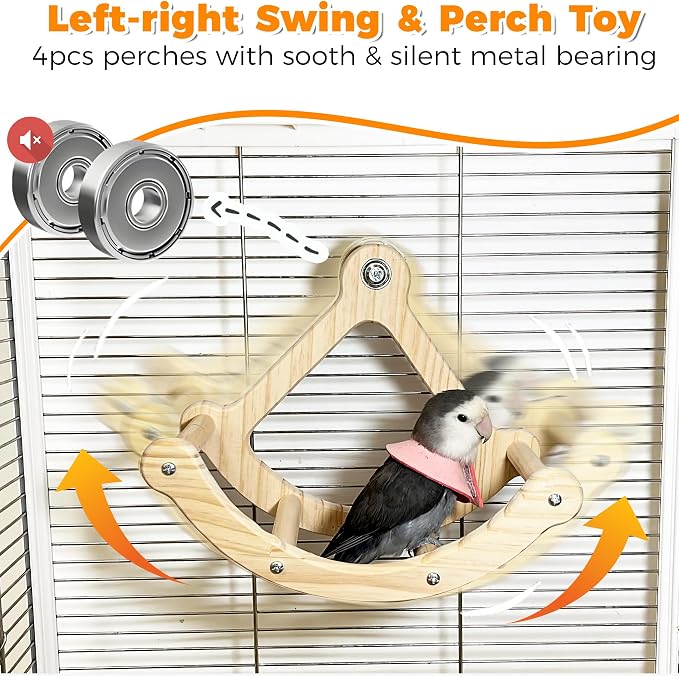 2PCS Natural Wood Bird Spinner Toys & Rocking Perch Set - Chewing Hanging Toys with Bells & Window-Mounted Perch for Cockatiel, Conure, Lovebird, Budgie, Quaker