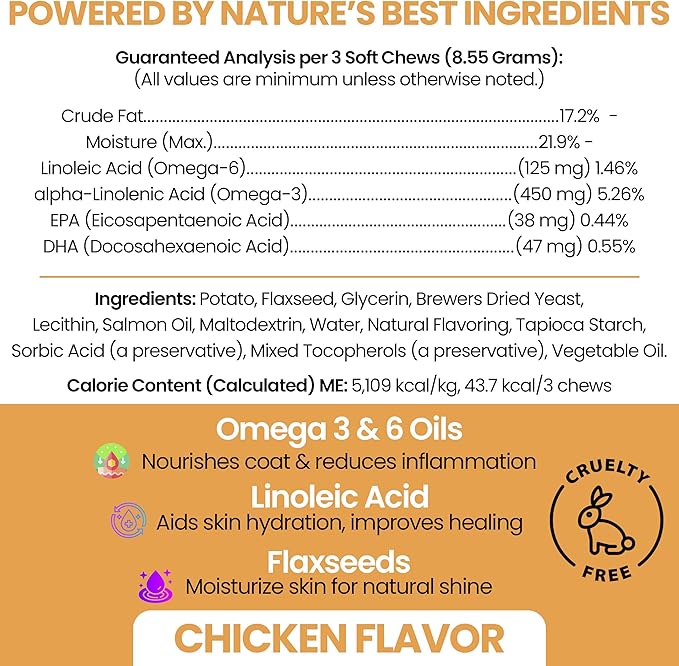 Omega 3 Fish Oil for Dogs - 180 Soft Chews - Itch Relief, Shedding & Hot Spots - Dog Allergy Relief - Salmon Oil Skin & Coat Supplement - EPA DHA - Chicken Flavor - Made in USA | Chew + Heal