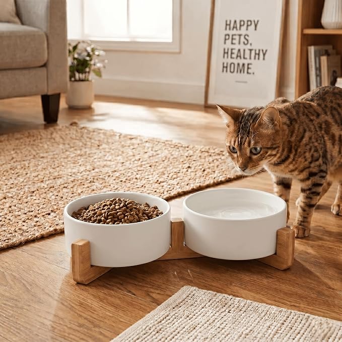 SPUNKYJUNKY Ceramic Dog and Cat Bowl with Wood Stand Non-Slip Matte Glaze Weighted Food Water Set for Cats &Small Dogs 13.5 OZ