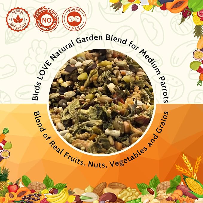 Birds LOVE All Natural Garden Blend Bird Food for Medium Birds, 2 lb, Fruit, Nut, Vegetable & Seed Mix for Cockatiels, Conures, Ringneck Parakeets & Small Quakers, Resealable Freshness Bag