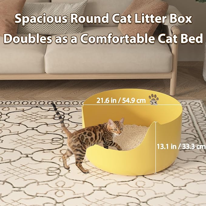 High Sides Low Entry Large Litter Pan (21.6x21.6x13.1 Inches), All-in-One Easy to Clean Plastic Litter Box for Kittens, Elderly & Large Cats, Doubles as Stylish Cat Bed, Yellow