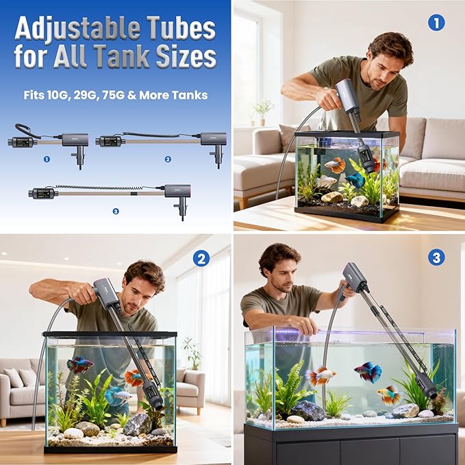 Cordless Aquarium Vacuum Gravel Cleaner: 36W Electric Rechargeable Fish Tank Cleaner with 4 Adjustable Suction, Anti-Clog for Debris Clean & Sand Washing,Automatic Water Changer for Small/Large Tank