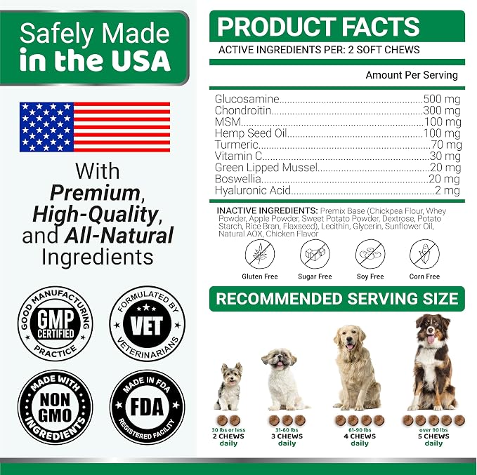 YUMA'S Hemp Hip and Joint Supplement for Dogs - Glucosamine for Dogs - 170 Joint Pain Relief Chews - Chondroitin, MSM - Hemp Oil - Advanced Canine Health Supplement - Mobility Support Treats