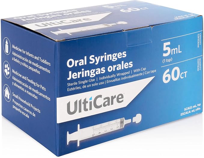 UltiCare 5mL (1 TSP) Oral Tip Syringe – Uses Include Oral Administration of Medicine for Infants, Toddlers and Small Pets, and Small HH Projects. with Cap, Sterile Individually Wrapped, 60 Count