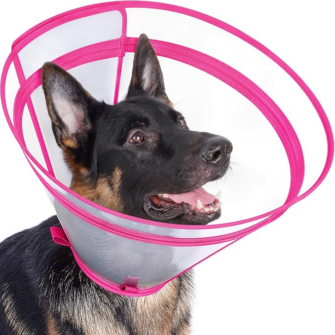 Dog Cone to Stop Licking, Clear Recovery Collar with Detachable Zipper, Sturdy Elizabethan Collar for Large Medium Small Dogs, Soft Adjustable Cone After Surgery Patented, Hot Pink L