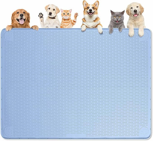 Dog Food Mat, Extra Large 50" x 35" Silicone Pet Feeding Mat with Raised Edge Pet Placemat for Small, Medium, and Large Pets Non-Slip, Easy to Clean (Blue)