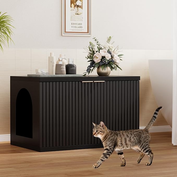 Homhedy Cat Litter Box Enclosure, Modern Fluted Accent Cat Washroom Furniture, Pet House, Fit Most of Litter Box, Black
