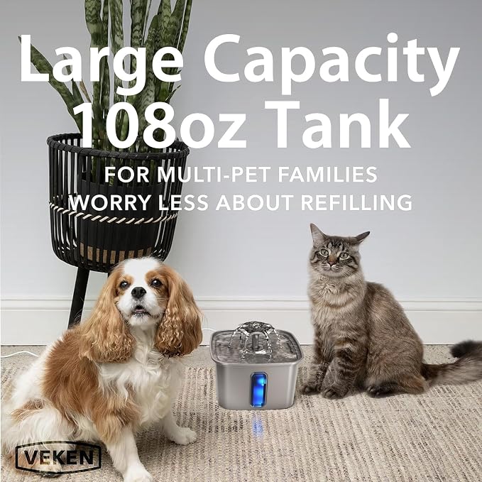 Veken Innovation Award Winner Stainless Steel Cat Water Fountain, 108oz/3.2L Automatic Pet Fountain Dog Water Dispenser with 6 Replacement Filters & Silicone Mat for Cats, Dogs, Multiple Pets (Silver)