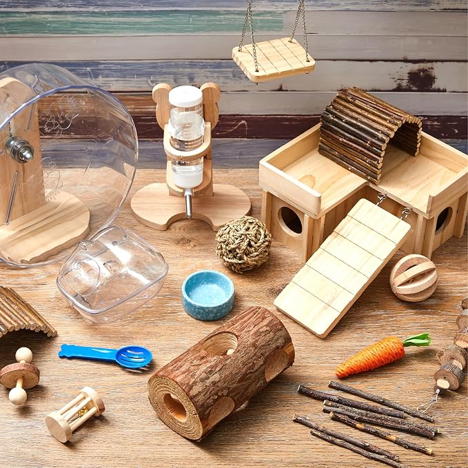 Hamster Cage Accessories & Habitat Set, Wooden 3 Room Maze House, Adjustable Silent Wheel, Water Bottle Set, Log Tunnel Tube & Chew Toys, 19 Pcs Complete Kit for Dwarf Hamster Gerbil Mouse