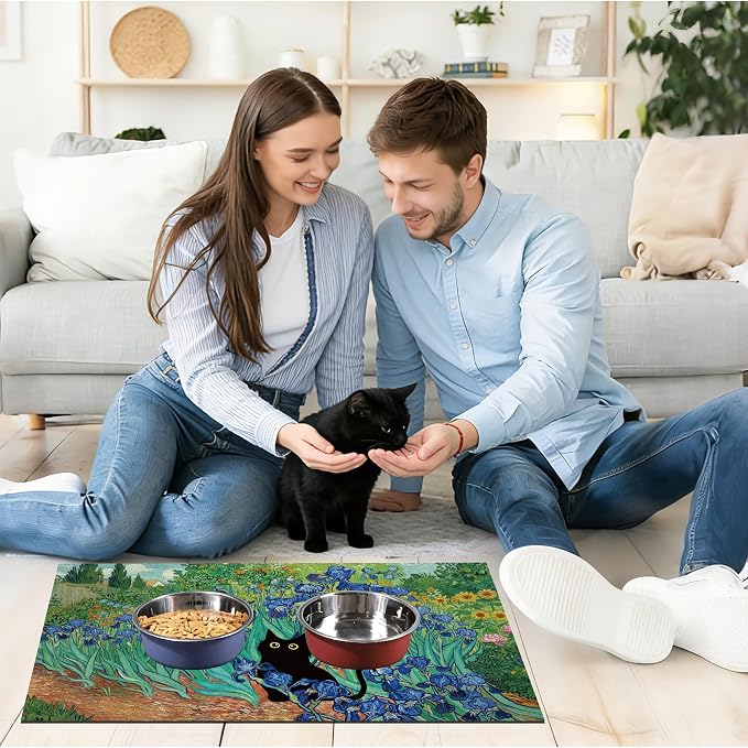 Black Cat Pet Feeding Mat, Absorbent Dog/Cat Food Mat for Food and Water Bowl, Non-Slip Quick Dry Pet Placemat Floor Protector for Messy Drinkers(12 x 20 in)