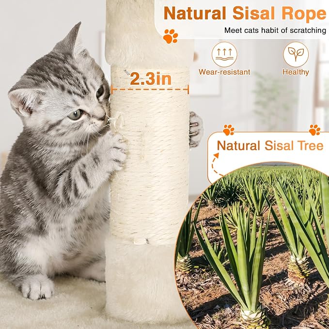 FDW | 54" Cat Tree Tower | Beige | Multi-Level Indoor Activity Center with Sisal Scratching Posts, Condos, Plush Perches, Hanging Cat Toys | Sturdy, Easy to Assemble | for Kittens & Adult Cats