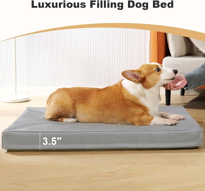 Indestructible Dog Beds for Large Dogs, Orthopedic Memory Foam Pet Bed with Oxford Fabric, Waterproof Outdoor Dog Bed for Kennel with Washable Cover and Non-Slip Bottom, 41''x27'', Grey