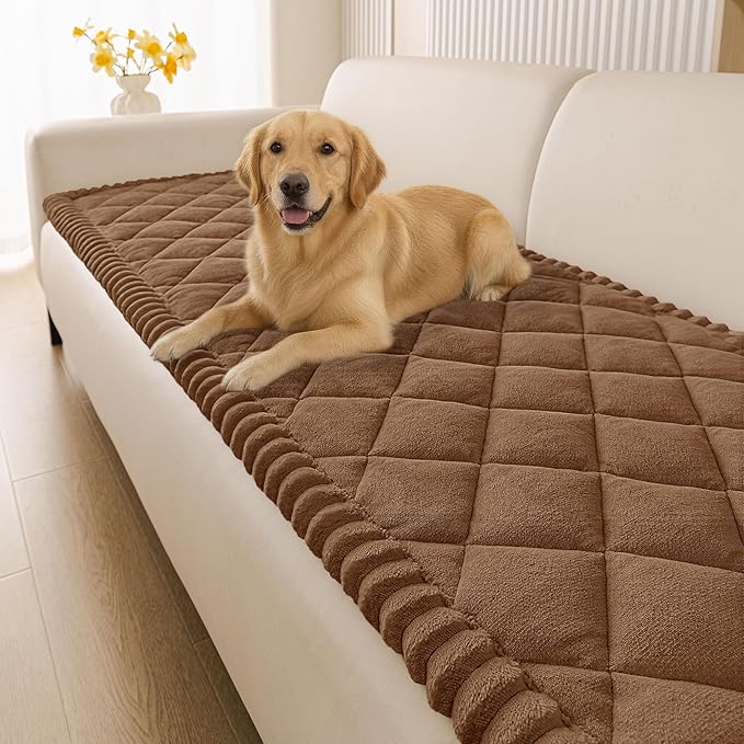 Smiry Couch Cover for Dogs, Non Slip Washable Pet Sofa Protector for Large Dogs, Cats, Fuzzy Plush Sofa Covers for 3 Cushion Couch, Against Fur, Dirt & Scratch Resistant, Brown, 27.6"×95"