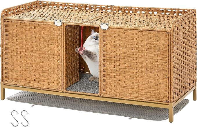 Rattan Litter Box Enclosure Double Cat Hidden Litterbox Furniture with Removable Litter Mat,Ball & 2 Hooks, Natural Cat House End Table, Easy Assembly, 47.2" l x 19.7" w x 23.6" h Natural