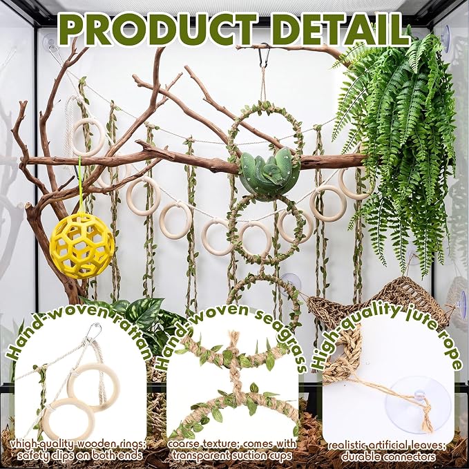 Nuogo 3 Pcs Snake Climbing Vines Climbing Rings Woven Hammock Reptile Enrichment Accessories Reptile Tank Cage Decor Habitat Accessories for Corn Snakes, Bearded Dragon, Chameleon, Lizard