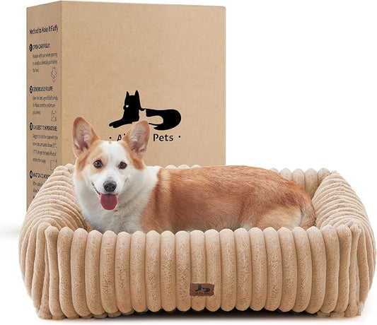 Dog Bed Medium Size Dog, Rectangle Orthopedic Pet Bed for Car and Indoor, Comfort Fluffy Memory Foam Dog Beds with Anti-Slip Bottom, Camel(30x24x8inchs)