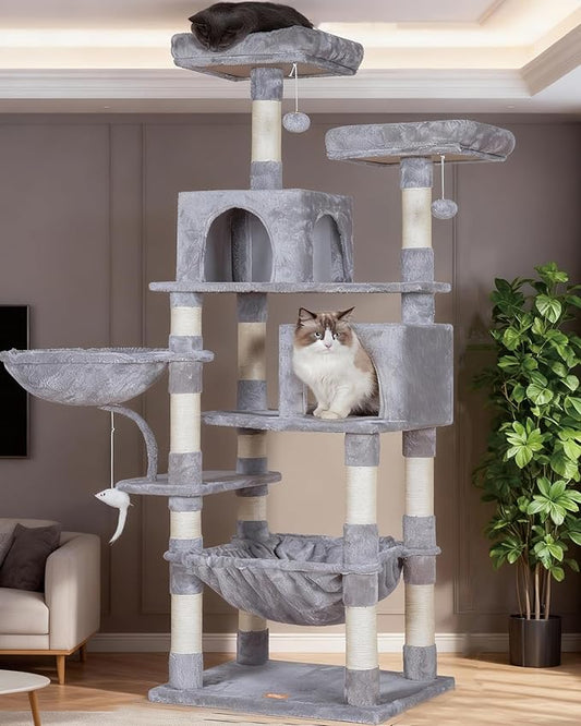 Heybly Cat Tree, 70 inches Tall Cat Tower condo with Toy for Indoor Large Cats, Cat House Furniture with Padded Plush Perch, Cozy Hammock and Sisal Scratching Posts,Light Gray HCT032W