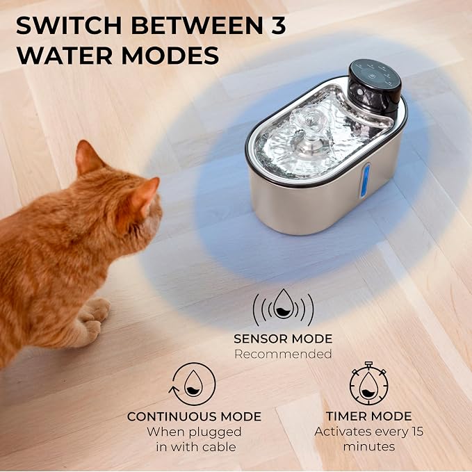 Wireless Cat Water Fountain Stainless Steel 108oz/3.2L | 5200mAh Battery, 50-Day Autonomy, Motion Sensor, Ultra Quiet, BPA-Free, Multi-Filtration - Black