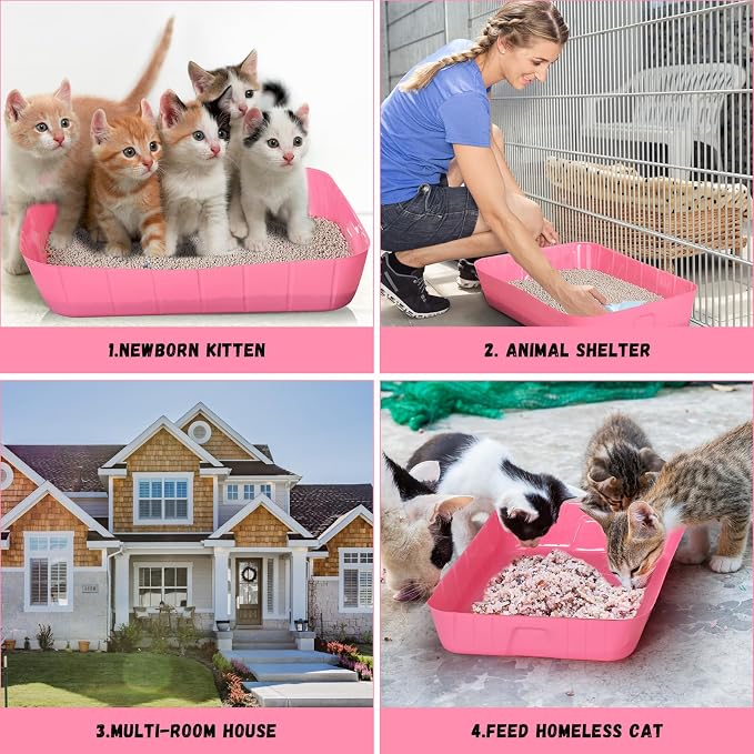 Bokon 25 Count Disposable Litter Box for Cat, Large Disposable Litter Tray for Travel Home Durable Portable Plastic Kitty Litters Boxes Leak-Resistant Easy-Grip Rim, 15.7 x 11.8 x 3 Inches(Pink)