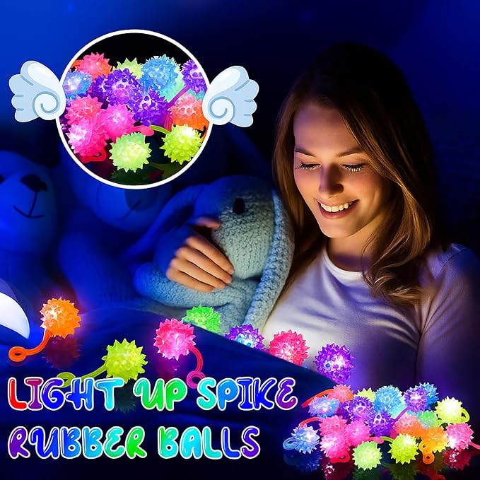 Sotiff 100 Pcs Mini Light up Ball Spiky LED Bouncy Flashing Ball Multicolor Stress Relief Balls Rubber Sensory Glow Balls Carnival Prizes Bulk Items Gifts Birthday Party Favors, 1. 5 Inch
