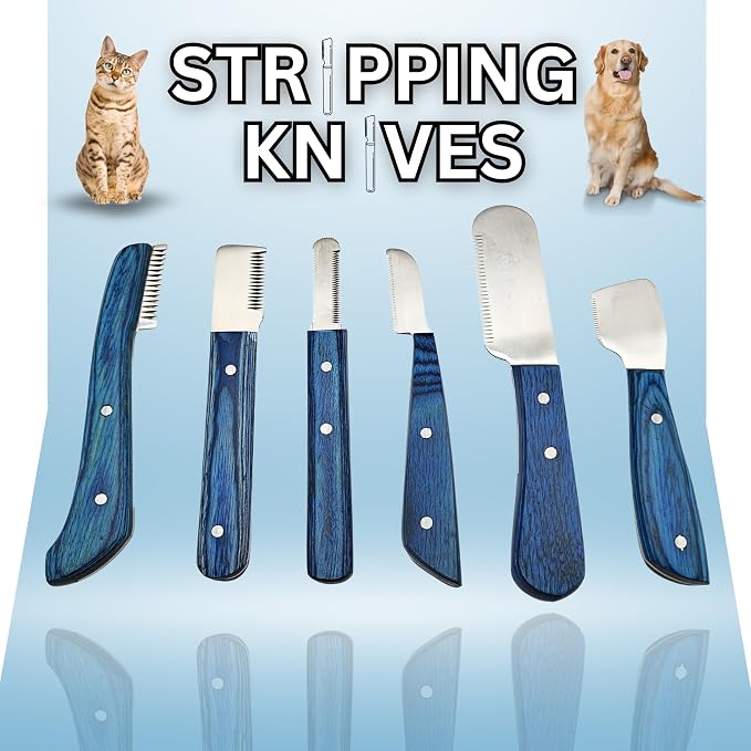 Professional Dog Grooming Stripping Knife Kit – 6-Piece Pet Grooming Tool Set with Stainless Steel Blades & Wooden Handles for Undercoat Removal, Deshedding, Coat Thinning Natural (Blue)