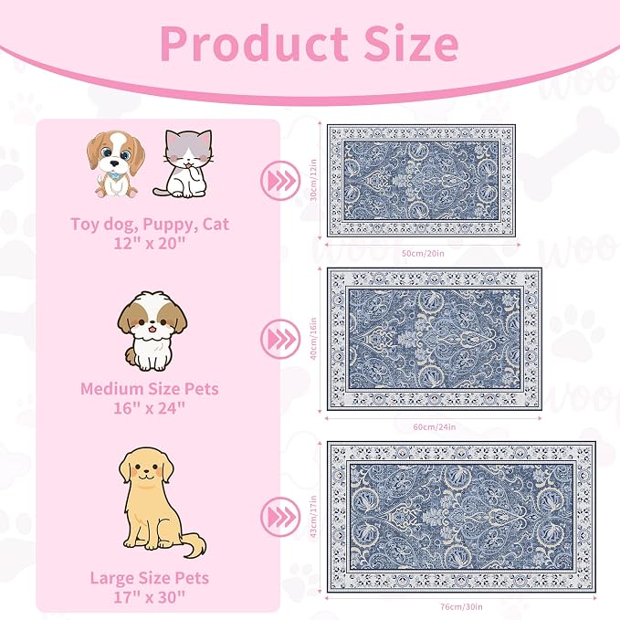 Blue Floral Pet Feeding Mat, Absorbent Dog/Cat Food Mat for Food and Water Bowl, Non-Slip Quick Dry Pet Placemat Floor Protector for Messy Drinkers(12 x 20 in)