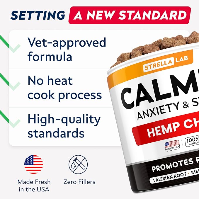 Advanced Calming Chews for Dogs - Hemp Chews and Melatonin - Anxiety Relief - Sleep Aid - Relaxing Treats - Stress Relief During Fireworks, Storms, Thunder, Barking - Made in USA - BBQ - 60ct