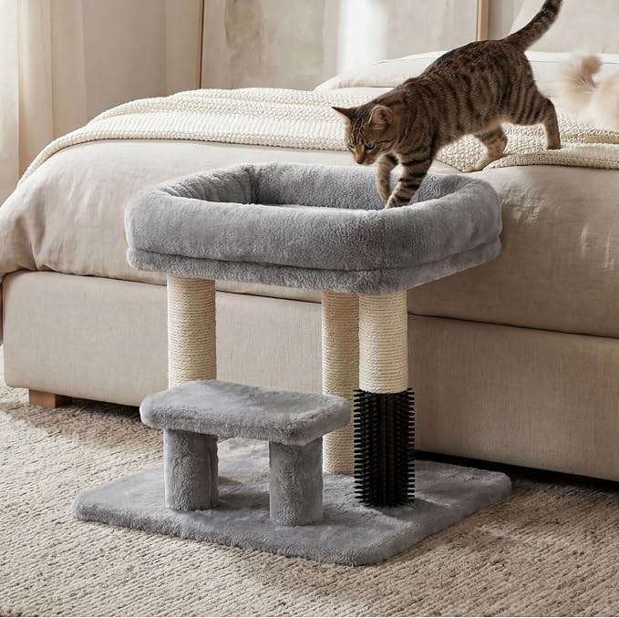 Heybly Cat Scratching Post, Small Cat Tree Tower with 3 Full Sisal Posts, Removable Plush Bed, Grooming Brush, Stable & Space-Saving Cat Furniture with Gentle Step for Indoor Cats, Light Gray HSP001SW