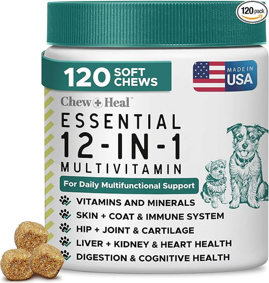12-in-1 Dog Multivitamin Chews, 120 Ct - Vitamins, Supplements, Glucosamine Chondroitin, Probiotics, Omega 3 - Hip & Joint, Skin & Coat, Immune, Digestive Support for Puppy, Senior Dogs - Chew + Heal