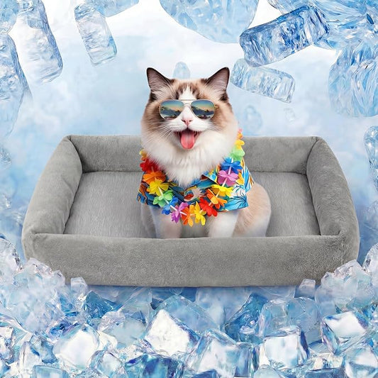 Cooling Cat Bed for Small Medium Cats - Removable Inner Cushion & Reversible Design (Ice‑Silk Cooling Layer | Sherpa Fleece Layer), Non‑Slip Bottom Washable Cooling Mat for Cats, Crates 20" × 14"
