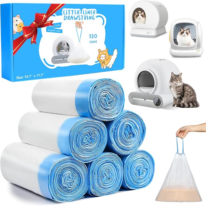 120 Count Cat Litter Box Liners Bags for MeoWant MW-SC01 / MW-SC02, Extra-Thick Cat Waste Bags for Self-Cleaning Litter Box, Drawstring Self Cleaning Trash Bags -17.7" x 19.68"