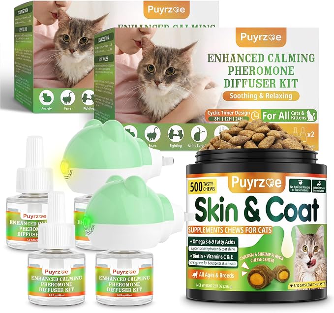 puyrzoe Cat 6-in-1 Calming Diffuser + Skin & Coat 500 Chews– Stress Relief, Skin Hydration, Coat Shine, Immune Support for All Cats, 2 Diffusers + 4 Refills